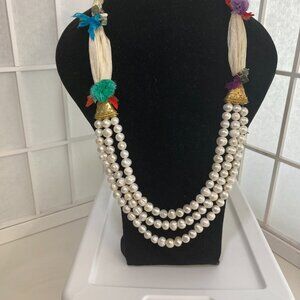 Turkish Pearl and Silk Necklace 12 1/2" 24Kt Ottoman Style Gold over Brass